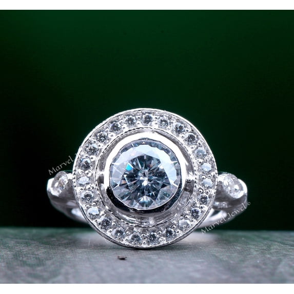 Round Cut Bezel Set Diamond Engagement Wedding Ring, Halo Diamond Ring, 2.4 Ct Simulated Diamond, 925 Sterling Silver, Promise Gift Ring For Girlfriend