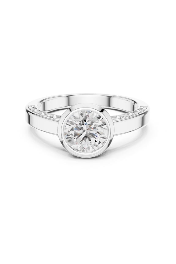 Round Cut Bezel Set Solitaire Engagement Ring for Women, Polished Silver Tone Band, Available in Ring Sizes 5