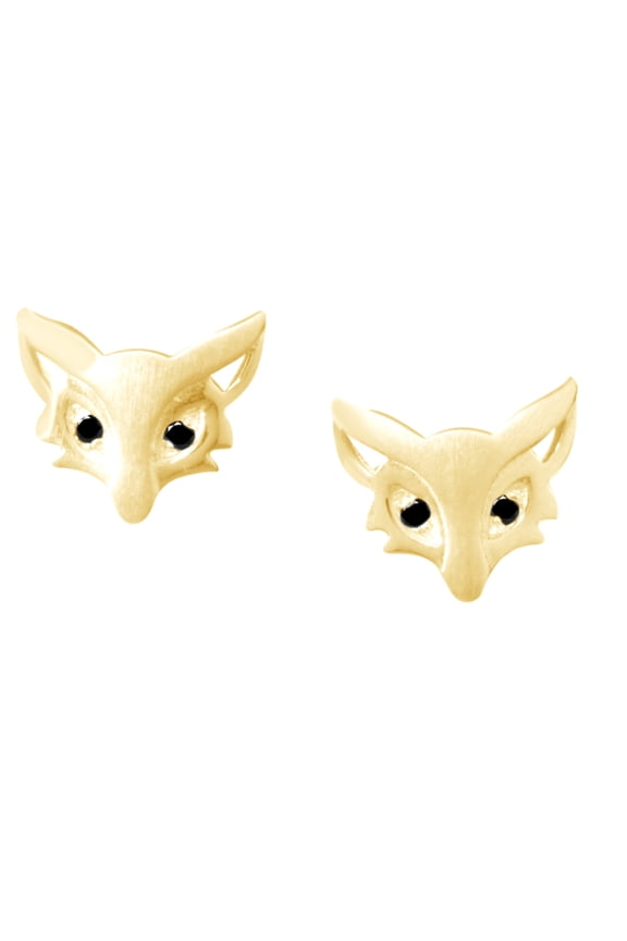 Black Cubic Zirconia Fox Head Stud Earrings in 14K Yellow Gold over Sterling Silver
