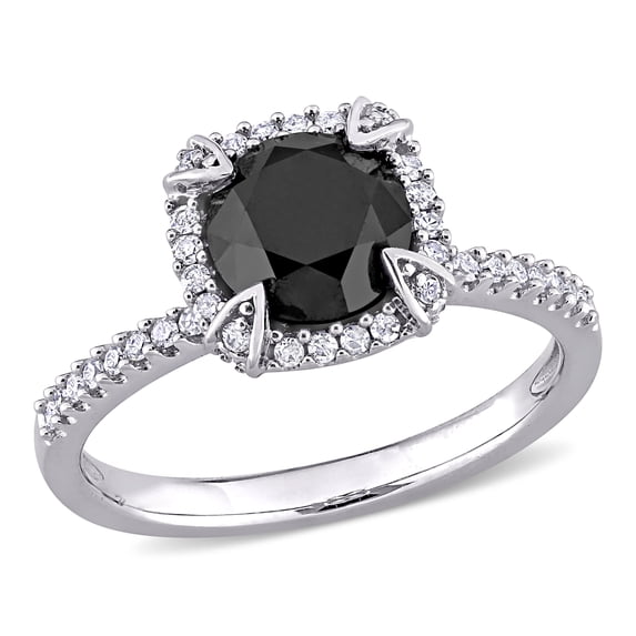 Round Cut Black Diamond Ring, Halo Diamond Engagement Ring, Solitaire With Accents Diamond Ring, Prong Set Ring, 14K White Gold Plated, 2.2 Ct Simulated Diamond, Gemstone Ring