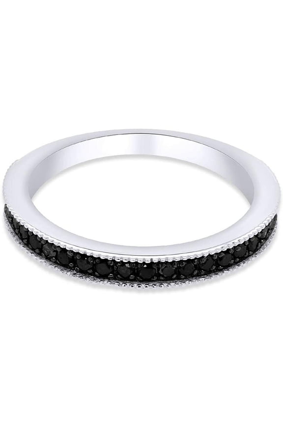 Round Cut Black Diamond Stackable Wedding Ring 14k White Gold Plated 925 Silver