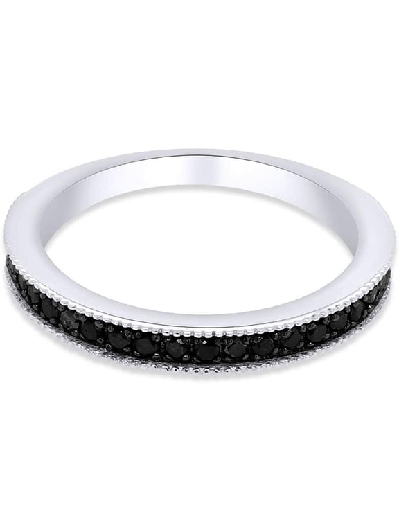 Round Cut Black Diamond Stackable Wedding Ring 14k White Gold Plated 925 Silver