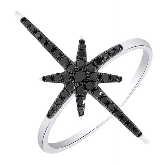 AFFY Round Cut Black Natural Diamond (0.26 Cttw) Northern Star Ring In 10K Solid White Gold,Ring Size: 8