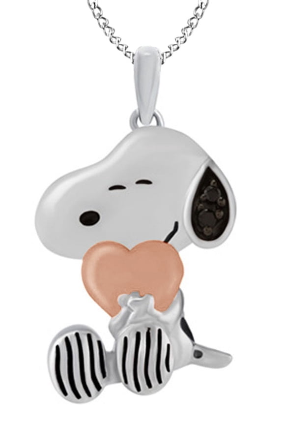 Round Cut Black Natural Diamond Snoopy Cartoon Heart Pendant Necklace in 14k White Gold Over Sterling Silver