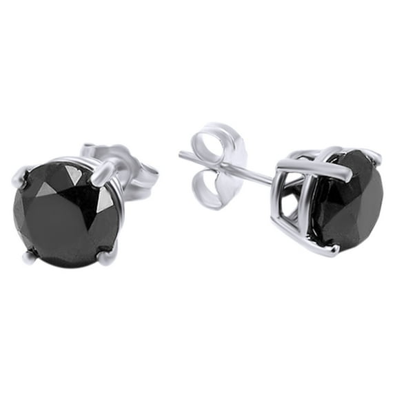 AFFY Round Cut Black Natural Diamond Solitaire Stud Earrings In 14K Solid White Gold (3.60 Ct)