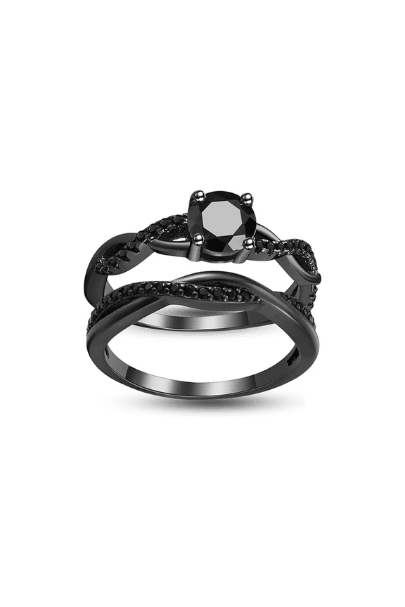 Round Cut Black Onyx Wedding Bridal Ring Set in 14k Black Gold Finish - Birthday Gift For Wife