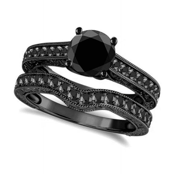 Round Cut Black Onyx Wedding Engagement Bridal Ring Set in 14K Black Gold Finish - Birthday Gift For Her