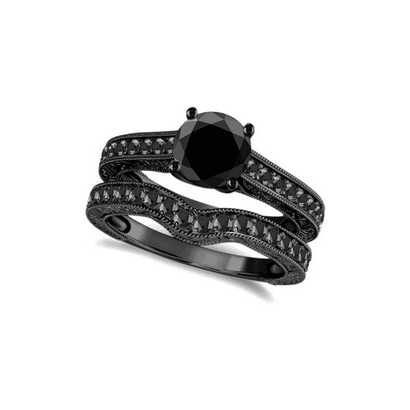 Round Cut Black Onyx Wedding Engagement Bridal Ring Set in 14K Black Gold Finish - Birthday Gift For Her