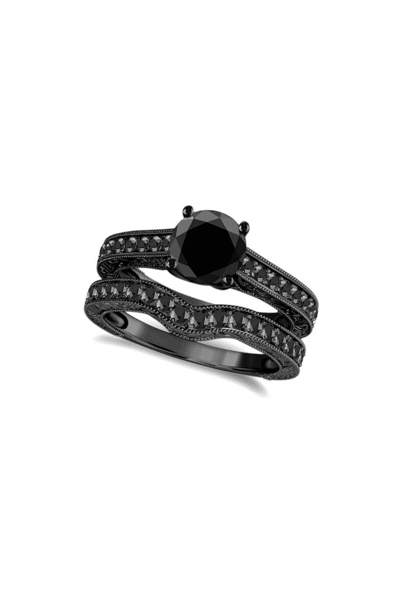 Round Cut Black Onyx Wedding Engagement Bridal Ring Set in 14K Black Gold Finish - Birthday Gift For Her