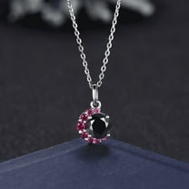 Round Cut Black Onyx and Ruby Necklace in 925 Sterling Silver - Crescent Moon Pendant - June Birthstone Necklace