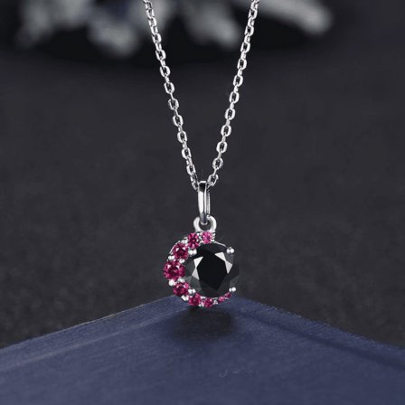 Round Cut Black Onyx and Ruby Necklace in 925 Sterling Silver - Crescent Moon Pendant - June Birthstone Necklace