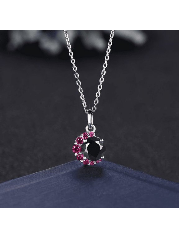 Round Cut Black Onyx and Ruby Necklace in 925 Sterling Silver - Crescent Moon Pendant - June Birthstone Necklace