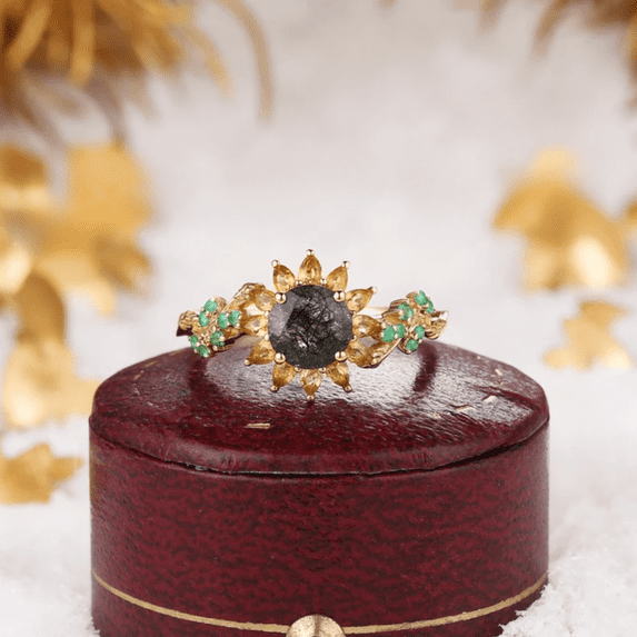 Round Cut Black Rutilated Quartz Leaf Floral Bridal Ring- Sunflower Design Citrine Emerald Wedding Ring- 14K Yellow Gold Vermeil