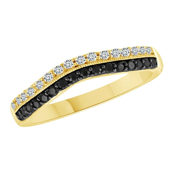 AFFY Round Cut Black & White Natural Diamond Anniversary Engagement Ring In 14K Solid Yellow Gold
