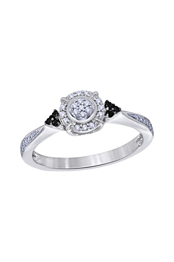 Round Cut Black & White Natural Diamond Frame Tri-Sides Promise Ring in 10k Solid Gold