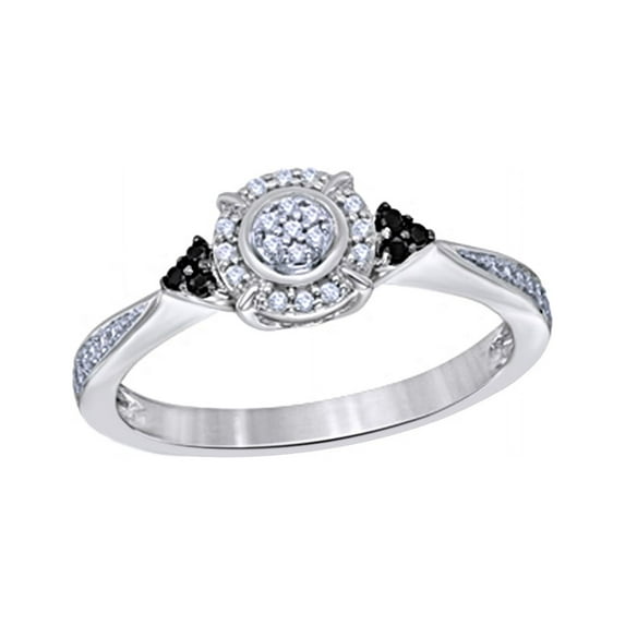 Round Cut Black & White Natural Diamond Frame Tri-Sides Promise Ring in 10k Solid Gold