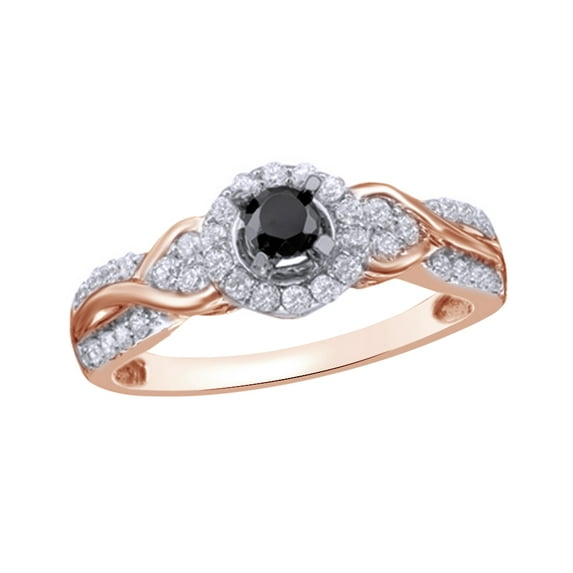 Round Cut Black & White Natural Diamond Tri-Sides Engagement Ring in 10k Rose Gold (0.5 Cttw)