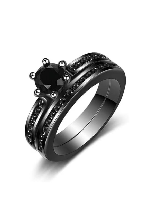 Round Cut Black onyx Wedding Engagement Bridal Ring Set in 14K Black Gold Plated For Women's