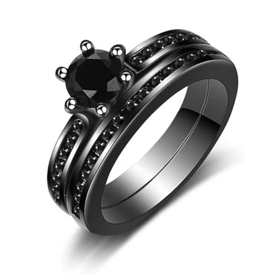 Round Cut Black onyx Wedding Engagement Bridal Ring Set in 14K Black Gold Plated For Women's