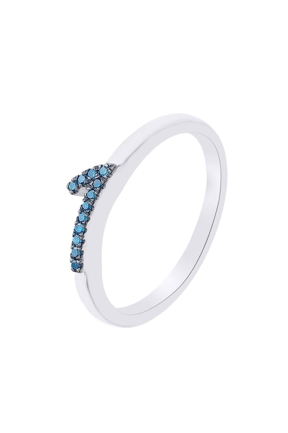 Round Cut Blue Natural Diamond Accent Stackable 1 Number Ring In 14k White Gold Over Sterling Silver-7