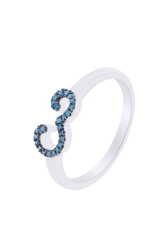 Round Cut Blue Natural Diamond Accent Stackable 3 Number Ring In 14k White Gold Over Sterling Silver-9