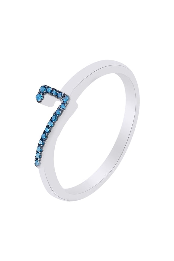 Round Cut Blue Natural Diamond Accent Stackable 7 Number Ring In 14k White Gold Over Sterling Silver-4.5
