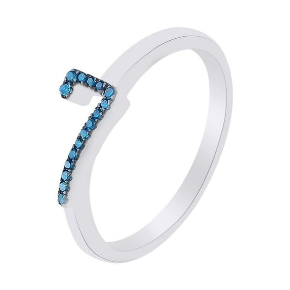 AFFY Round Cut Blue Natural Diamond Accent Stackable 7 Number Ring In 14k White Gold Over Sterling Silver-5.5