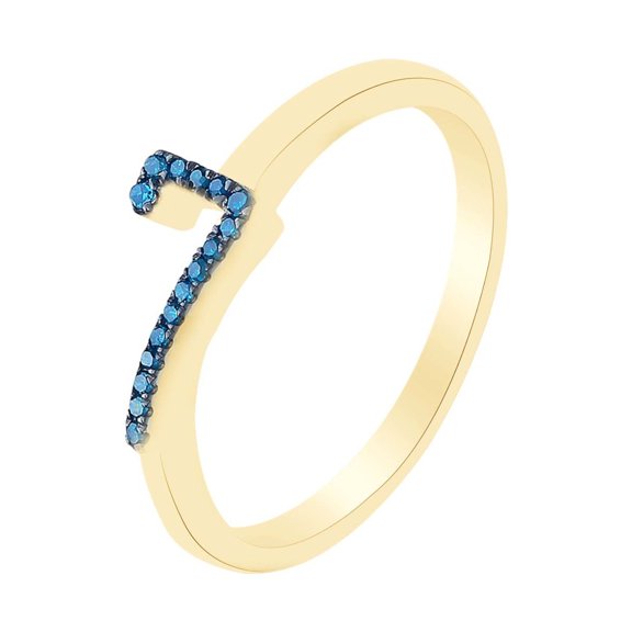 AFFY Round Cut Blue Natural Diamond Accent Stackable 7 Number Ring In 14k Yellow Gold Over Sterling Silver-4