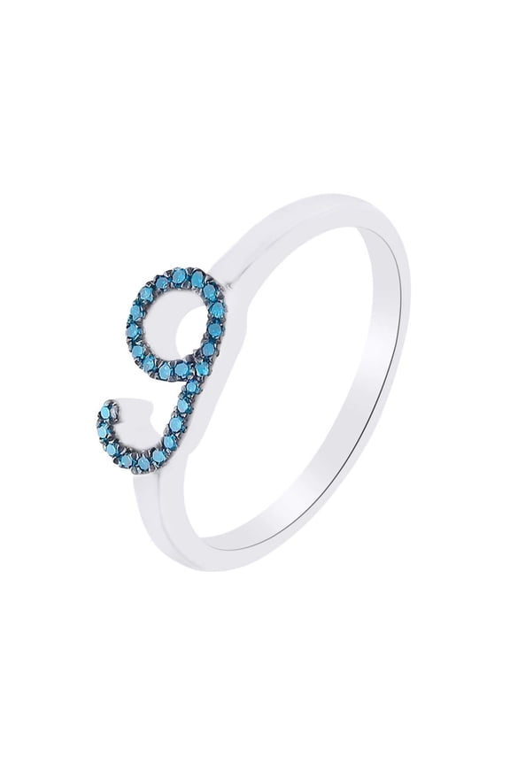 Round Cut Blue Natural Diamond Accent Stackable 9 Number Ring In 14k White Gold Over Sterling Silver-8.5