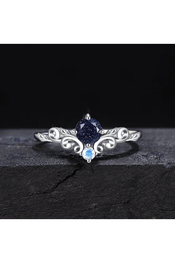 Round Cut Blue Sandstone & Moonstone Vintage Ring – 925 Sterling Silver - Filigree Ring – Handmade Celestial Engagement Ring – Antique Promise Ring for Women