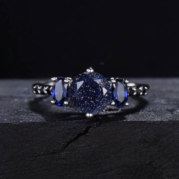 Round Cut Blue Sandstone Three-Stone Engagement Ring – 925 Sterling Silver – Blue Sparkle Galaxy Ring – Handmade Celestial Promise Ring for Women