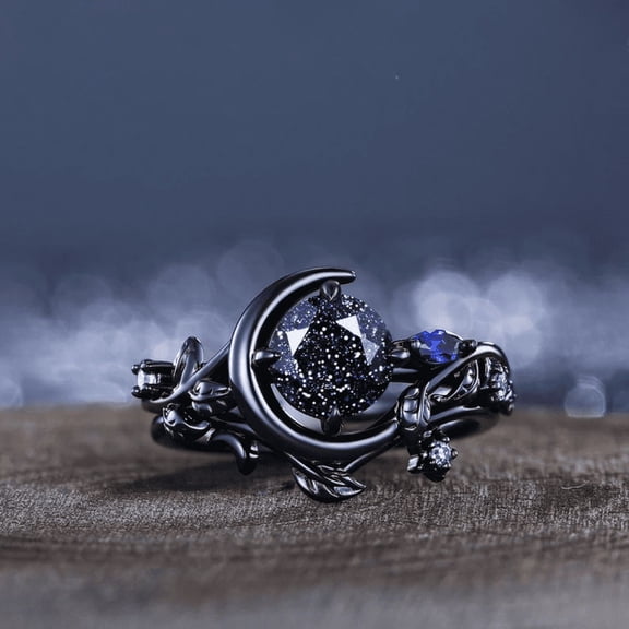 Round Cut Blue Sandstone Wedding Ring Set in 14K Black Gold Vermeil- Sky Moon Leaf Cluster Promise Ring- Unique Sandstone Celestial Wedding Ring
