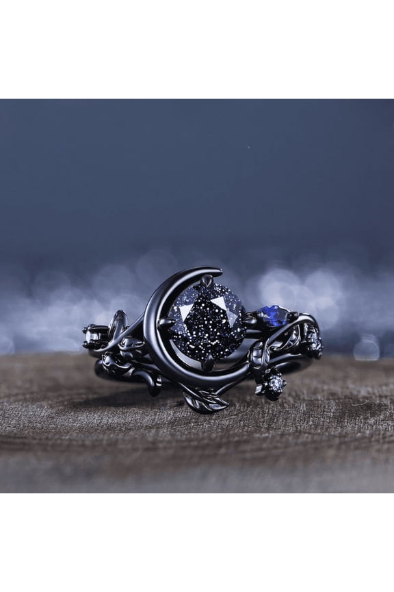 Round Cut Blue Sandstone Wedding Ring Set in 14K Black Gold Vermeil- Sky Moon Leaf Cluster Promise Ring- Unique Sandstone Celestial Wedding Ring