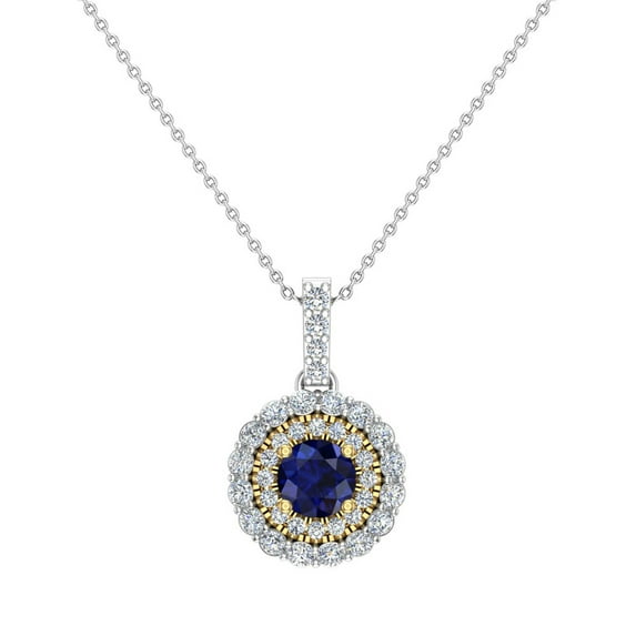 Round Cut Blue Sapphire Double Halo 2 Tone Necklace 14K Gold 1.10 CTW (G,SI)