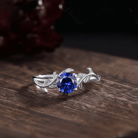 Round Cut Blue Sapphire Ring in 925 Sterling Silver - Solitaire Wedding Leaf Branch Ring For Her - September Birthstone