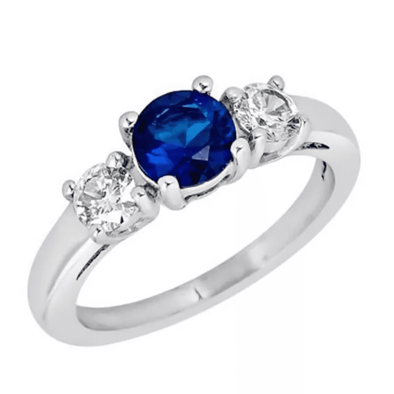 Round Cut Blue Sapphire & White Diamond Ring in 925 Sterling Silver ...