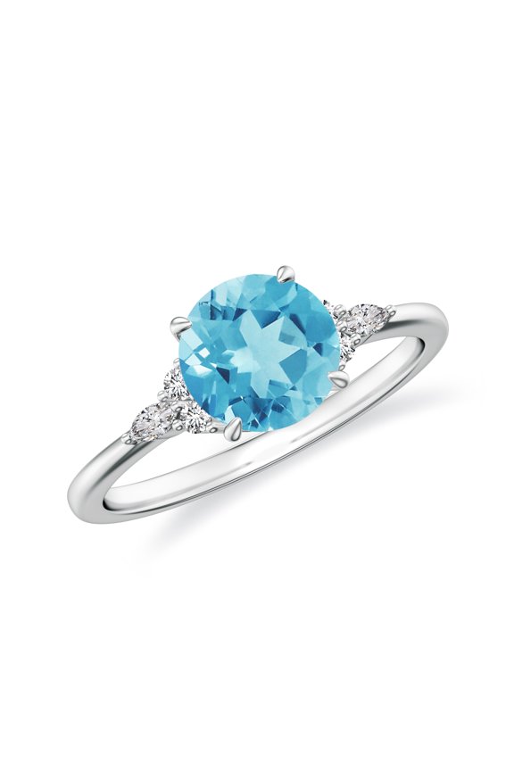 Round Cut Blue Topaz Side Stone Engagement Ring with Moissanite in Sterling Silver/ White Gold Plated Trilogy Promise Wedding Band Ring December Birthstone, Birthday, Anniversary Jewelry, Ring Size 7