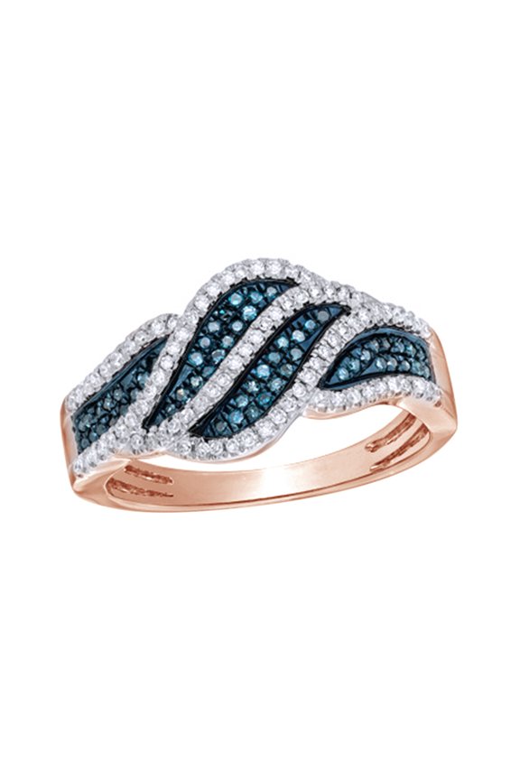 Round Cut Blue & White Natural Diamond Waves Ring in 10k Rose Gold (0.33 Cttw)
