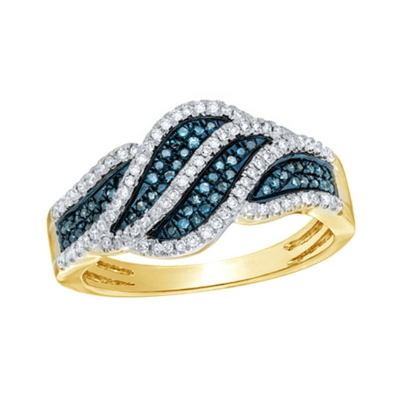 Round Cut Blue & White Natural Diamond Waves Ring in 10k Yellow Gold (0.33 Cttw)