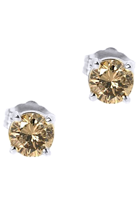 Round Cut Brown Natural Diamond Solitaire Stud Earrings In 14K Solid White Gold (1 Ct)