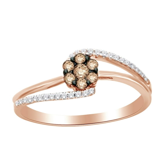 AFFY Round Cut Brown & White Natural Diamond Cluster Bypass Engagement Ring In 14K Solid Rose Gold (0.25 Cttw)