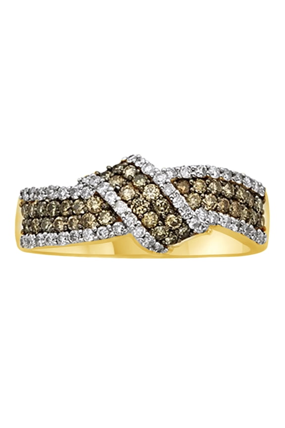 Round Cut Brown & White Natural Diamond Knot Ring In 14K Solid Yellow Gold