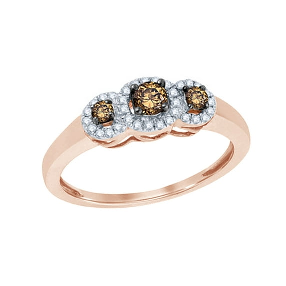 Round Cut Champagne & White Natural Diamond Three Stone Frame Ring in 10k Rose Gold (0.33 Cttw)