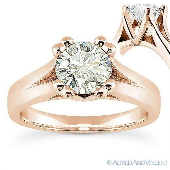 Round Cut Charles & Colvard Forever ONE Cathedral Solitaire Engagement Ring in 14k Rose Gold