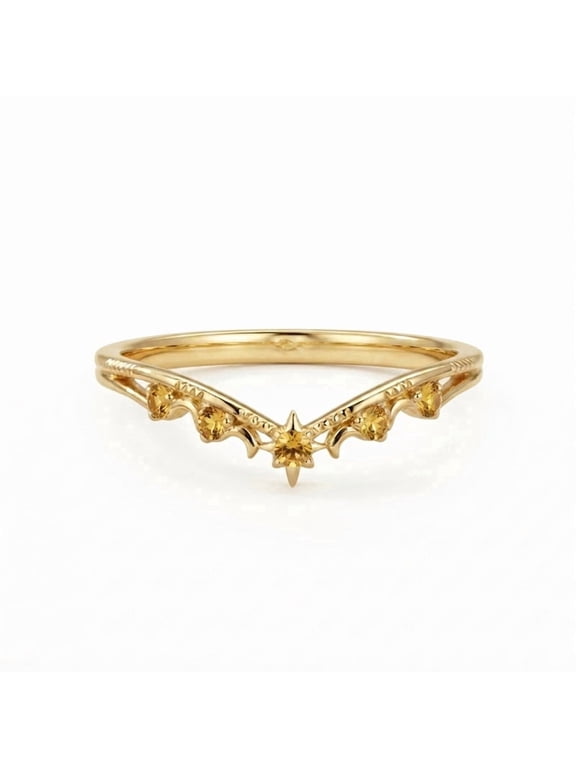 Round Cut Citrine Gemstone Chevron Ring, V Shaped Curved Ring, 925 Sterling Silver Yellow Gold Plated Ring, November Birthstone Jewelry, Gift for Her