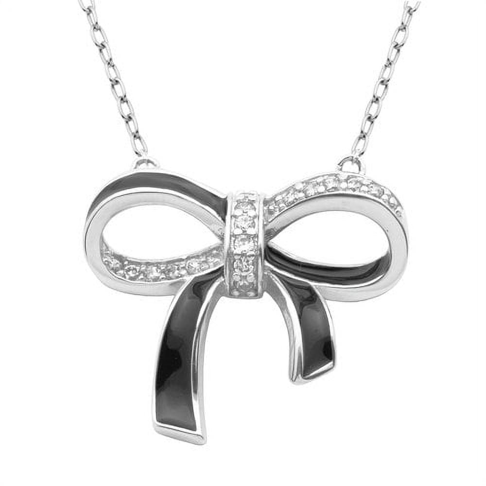 Round-Cut Clear CZ and Black Epoxy Rhodium-Plated Sterling Silver Bow Pendant, 18" Chain