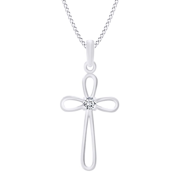 AFFY Round Cut Cubic Zirconia Cross Pendant Necklace In 14k Solid White Gold