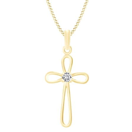 AFFY Round Cut Cubic Zirconia Cross Pendant Necklace In 14k Solid Yellow Gold