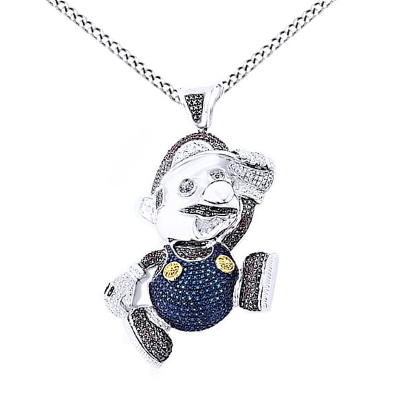 AFFY Round Cut Cubic Zirconia Super Mario Hip Hop Pendant in 14K White Gold Over Sterling Silver (2.5 Cttw)