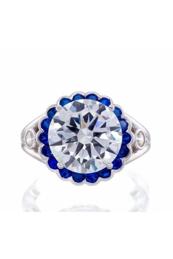 Round Cut Cubic Zirconia and Imitation Sapphire Cubic Zirconia Halo Engagement Ring